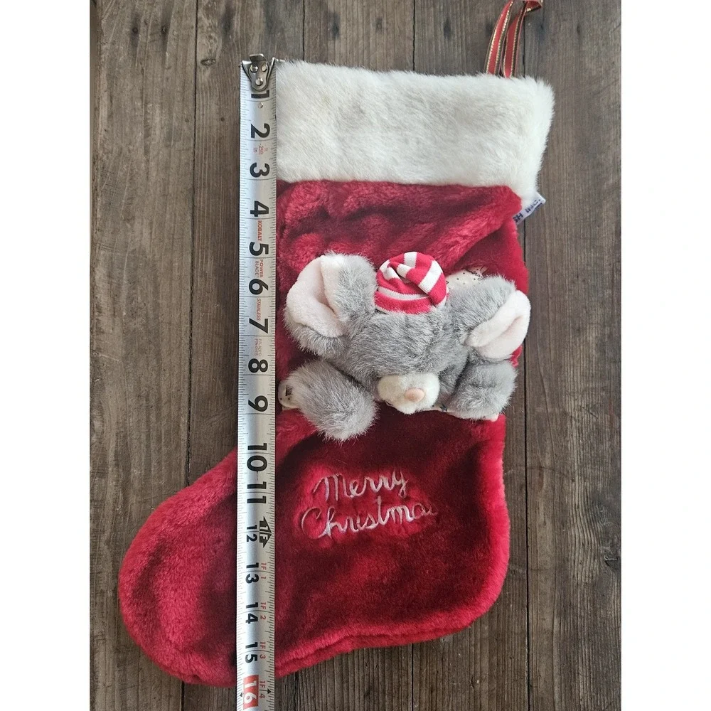 Vintage 3D Red Christmas Stocking Gray Mouse 1992 A&A Plush
